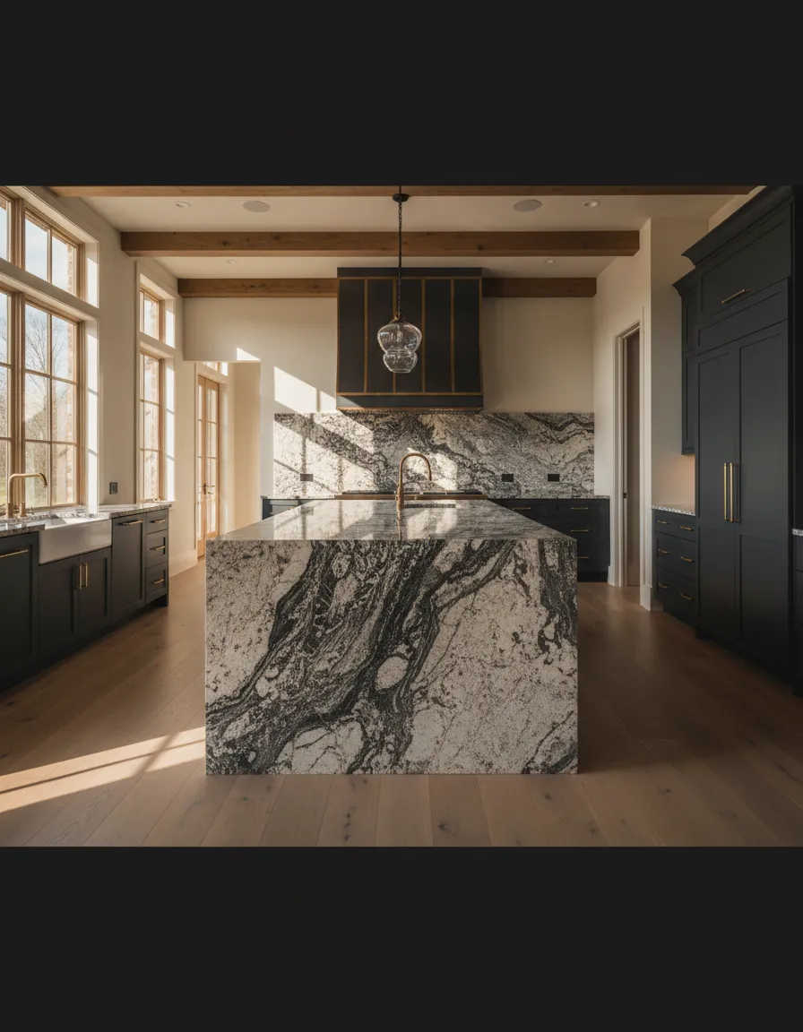 Premium granite island installation showcasing sharp architectural edges in a luxury Magnolia Texas home