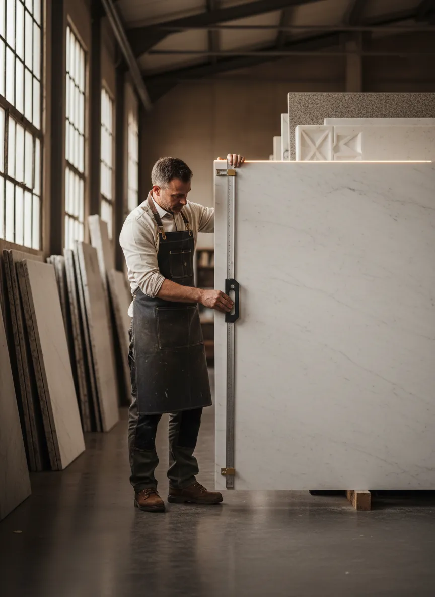 Master craftsman inspecting a pristine marble slab for installation