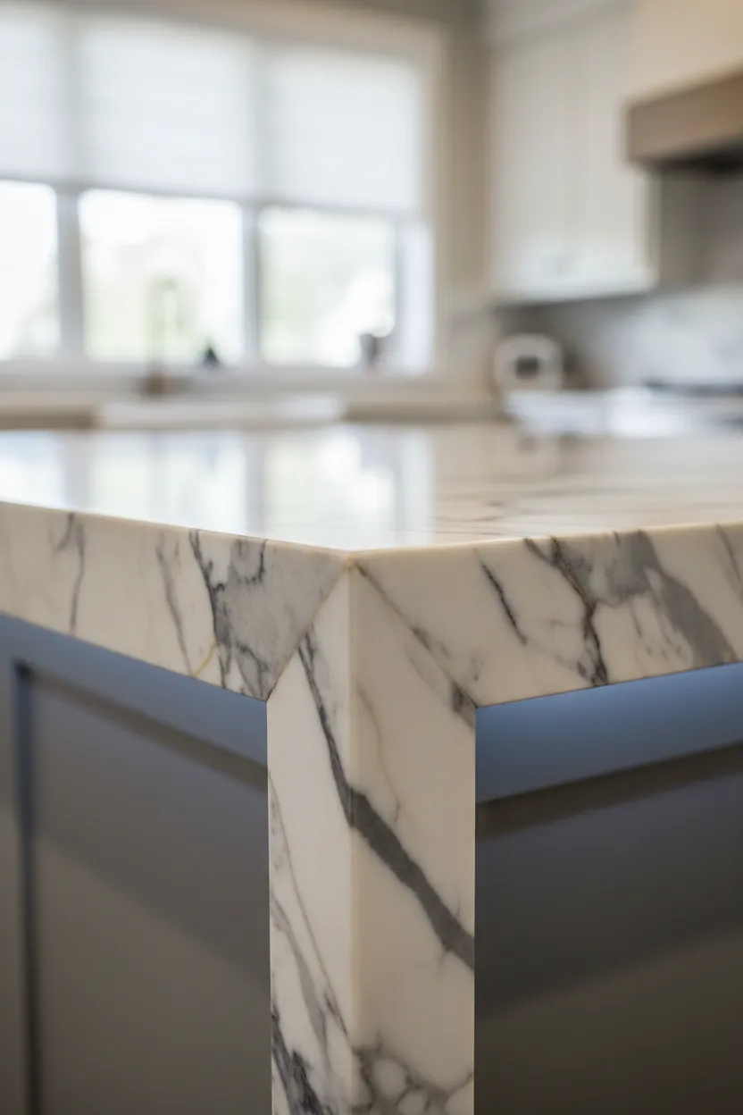 Macro detail of a mitered marble edge profile showing intricate veining.