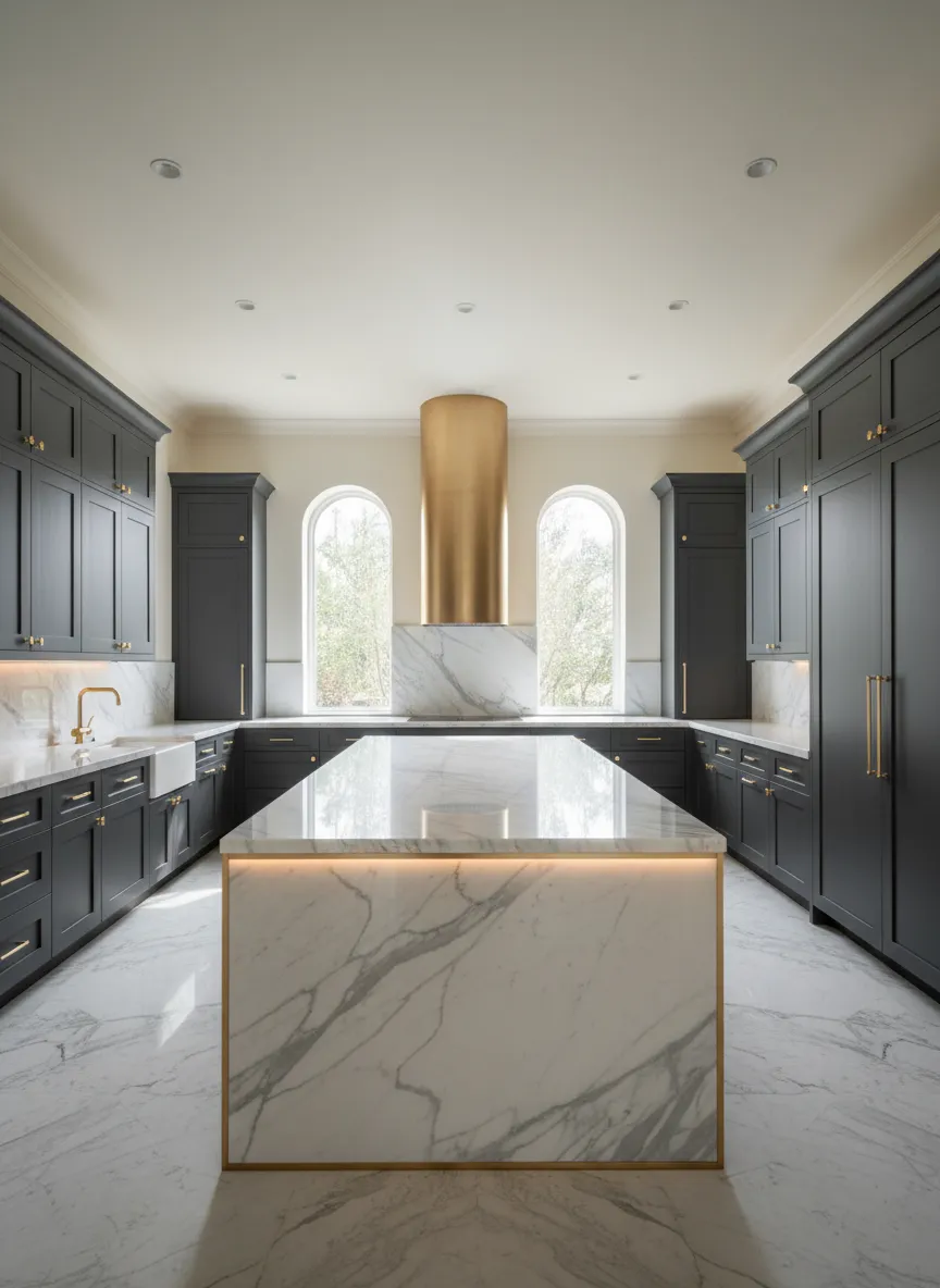 High-end luxury kitchen interior in Memorial Texas featuring a custom marble island