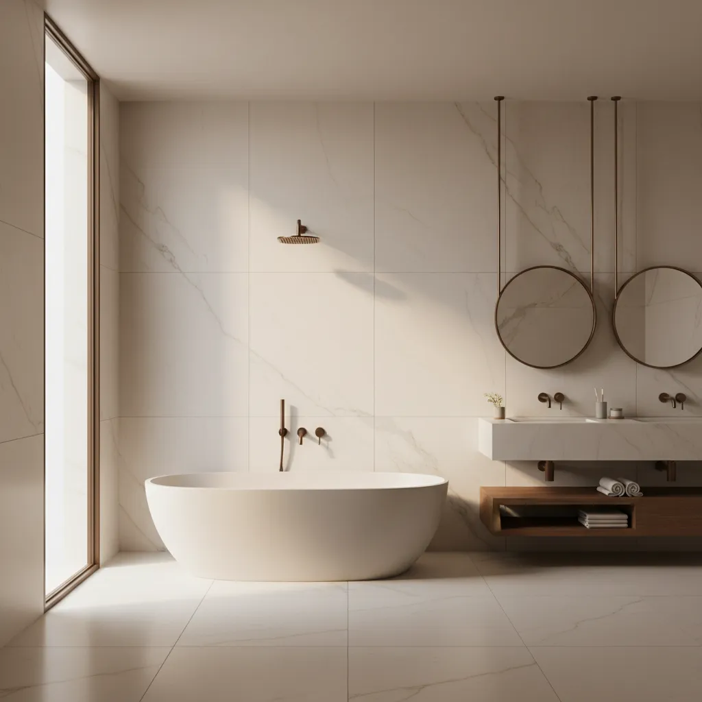 Spa-inspired primary bathroom featuring seamless quartz walls