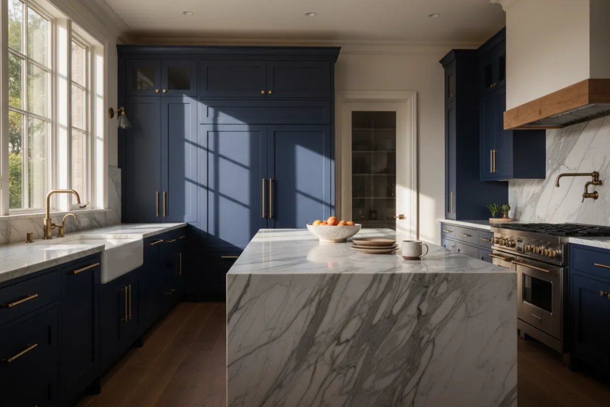 Elegant Memorial Houston modern kitchen renovation with marble waterfall island