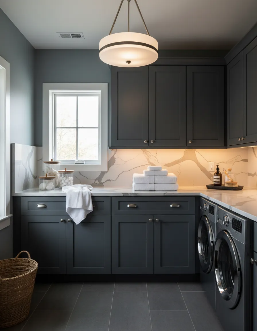 Clean quartz surface in a modern laundry room