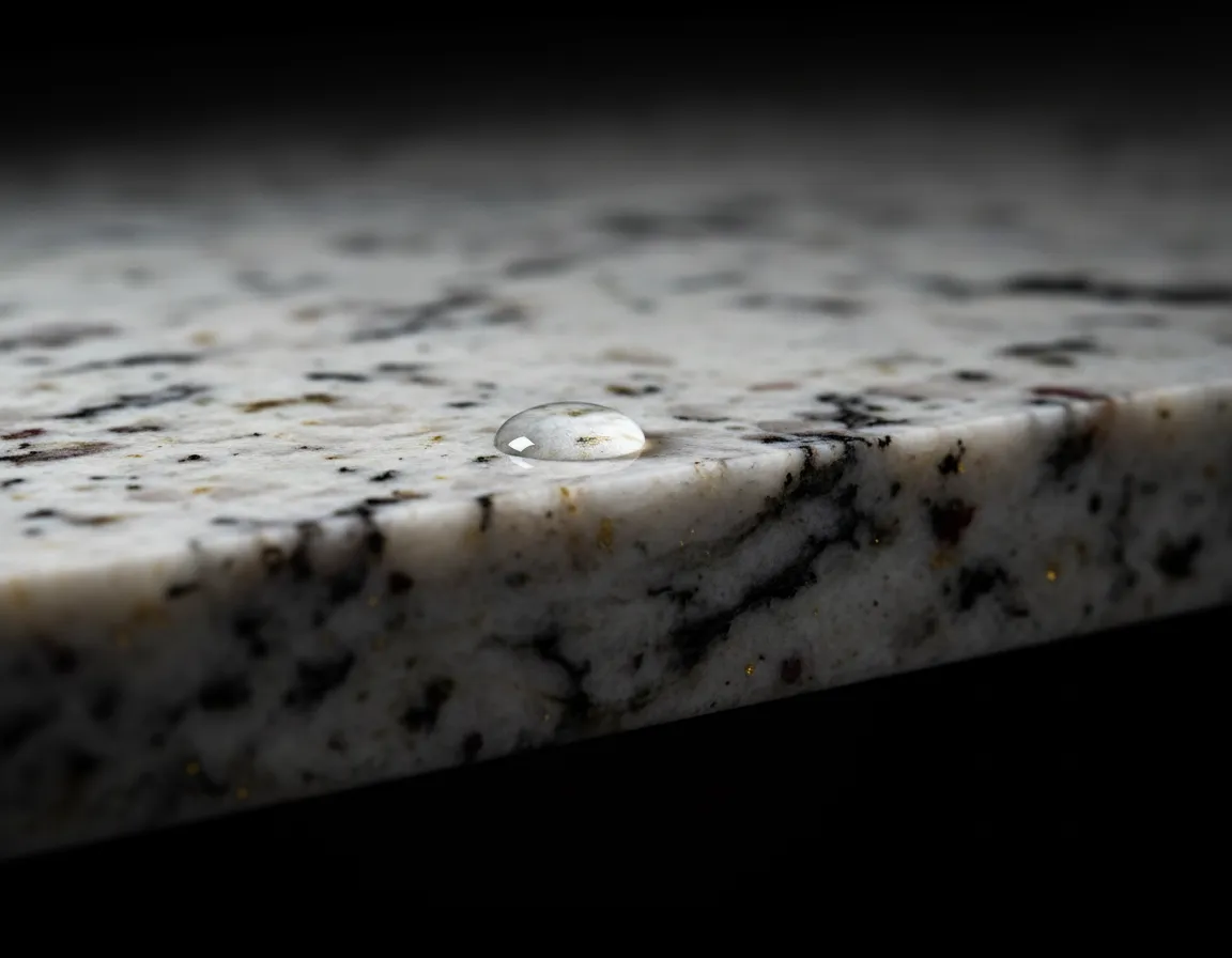 Applying industrial-grade sealant to natural granite countertops for climate protection.