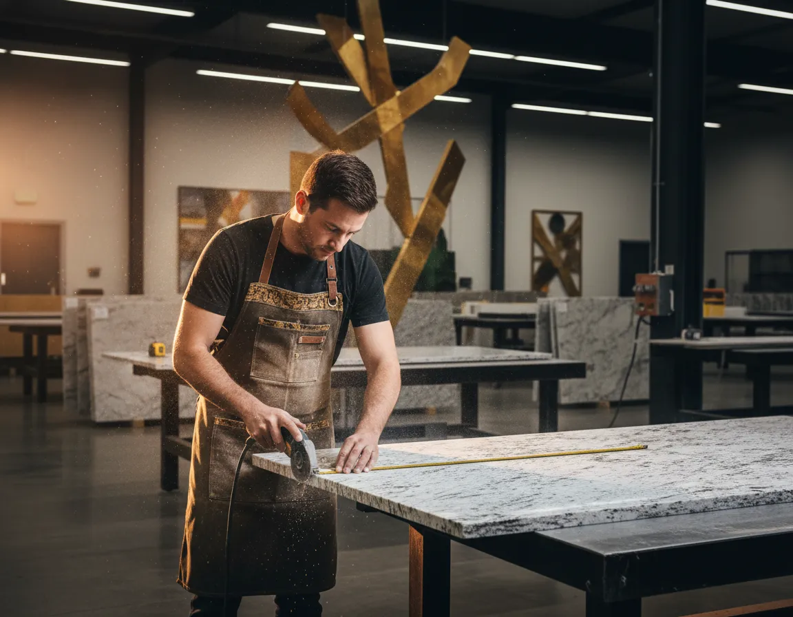 Master granite fabricator refining the edge profile of a custom countertop for a Kingwood home.