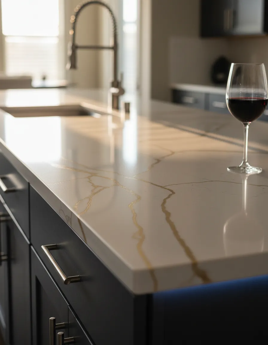 Pristine, stain-resistant quartz countertop featured in a high-traffic modern kitchen.