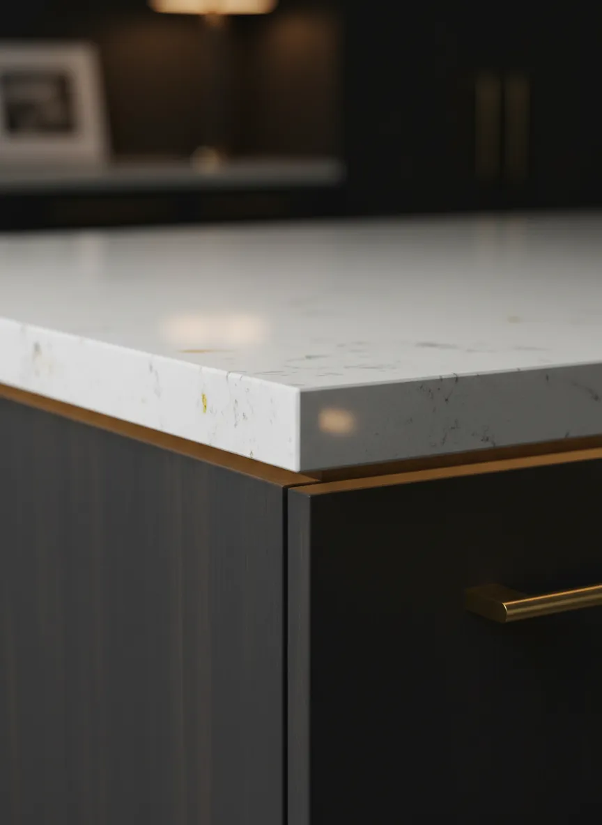 Masterfully fabricated quartz countertop edge profile showcasing precision installation