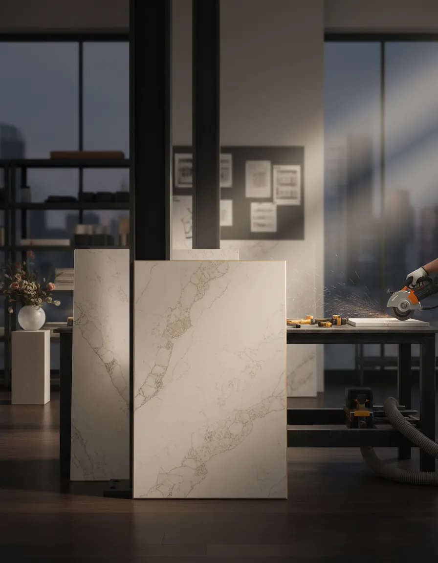 Premium quartz slab selection and fabrication process in Memorial