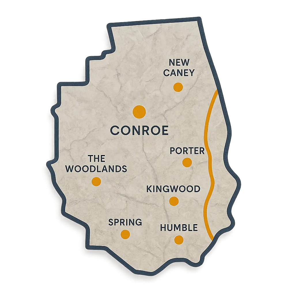 Stylized regional map highlighting service areas around Conroe, Spring, Kingwood, and Humble