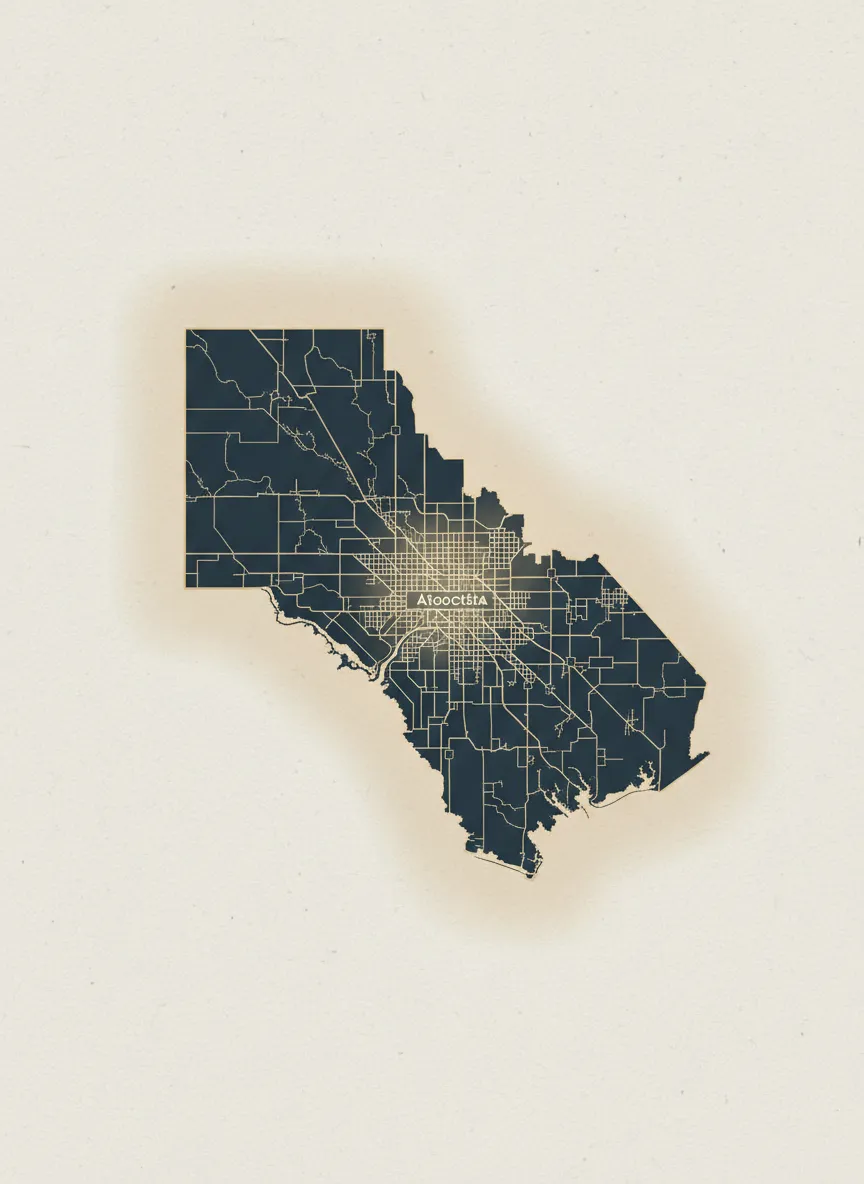 Abstract geometric map of Greater Houston area quartz installation service radius