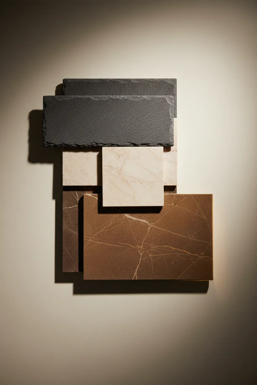 Close up of luxury stone materials and textures used in bathroom remodeling