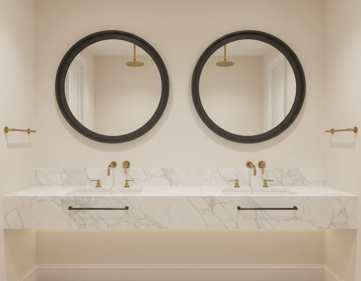 A luxurious marble master bathroom vanity with dual sinks.