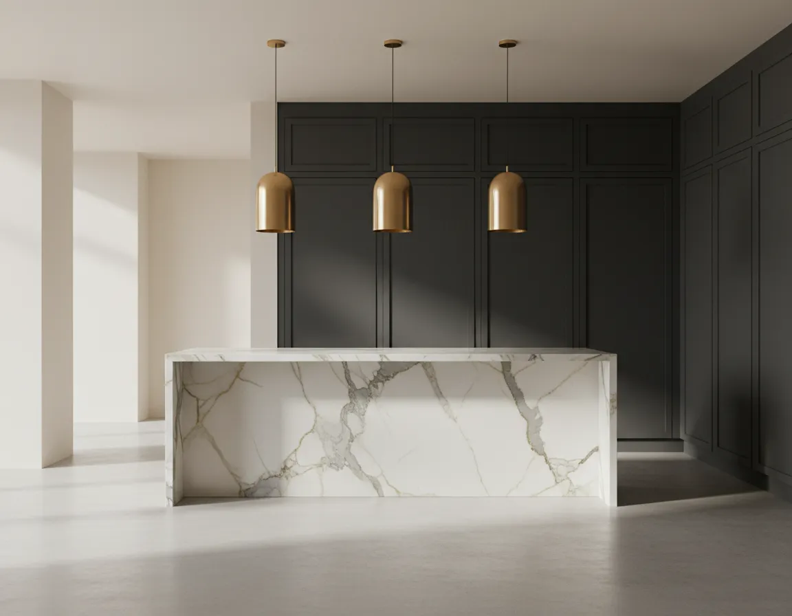 A sophisticated marble waterfall kitchen island in a Spring, Texas home.