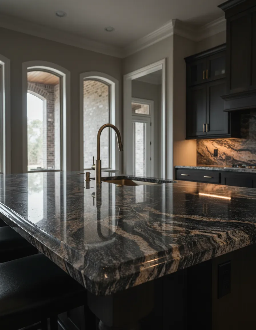 Luxury granite countertop installation blending with a Woodlands, Texas home's architecture