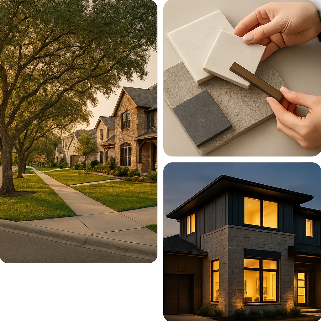 Stylized abstract architectural map graphic and premium lifestyle montage representing the Porter, TX region