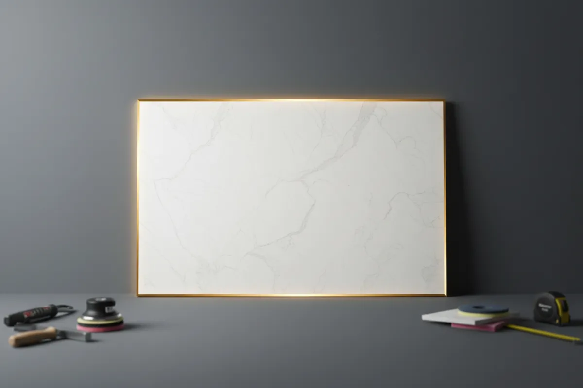 Masterful quartz slab ready for precise countertop installation