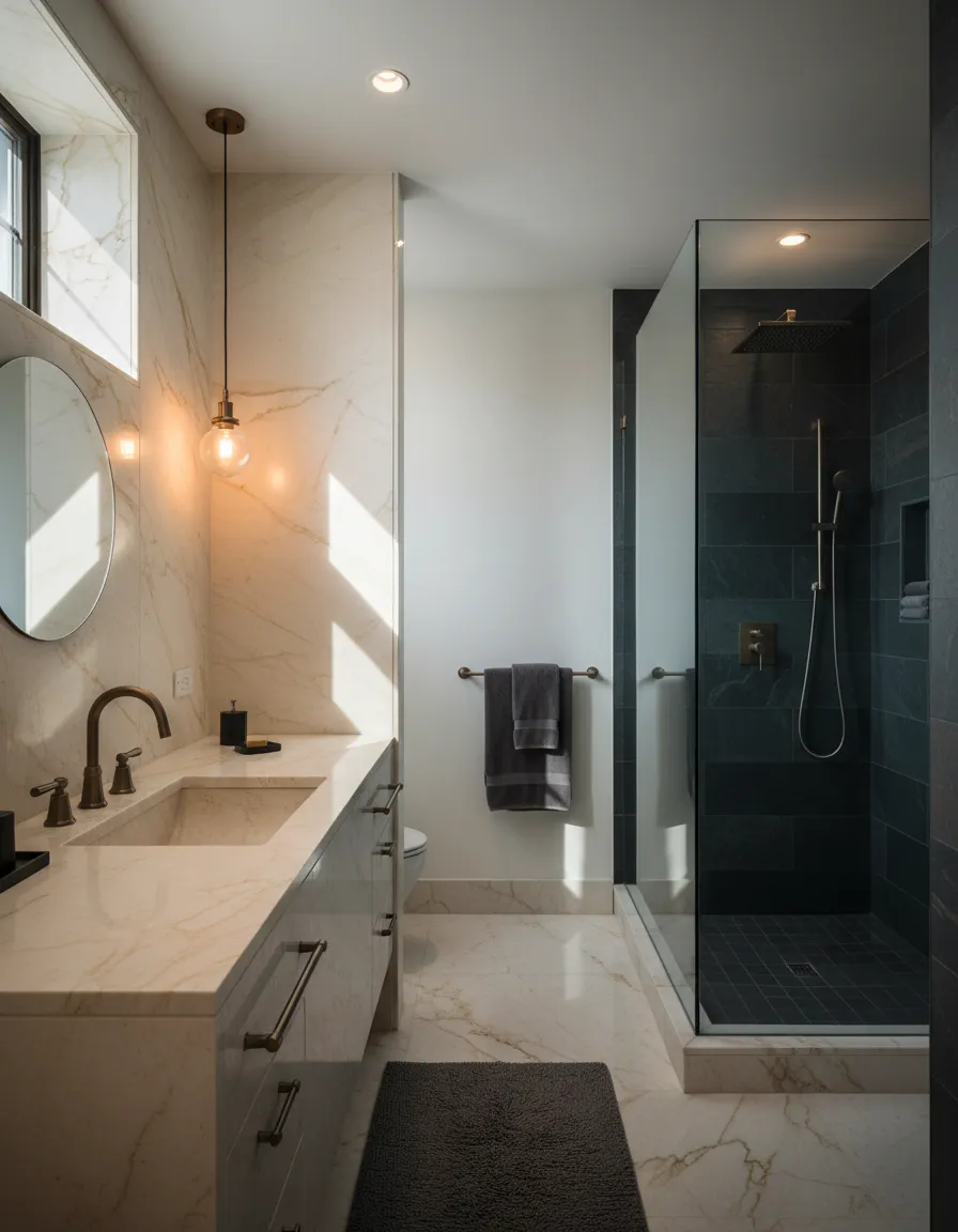 Spa-like luxury bathroom remodeling with custom stone vanity