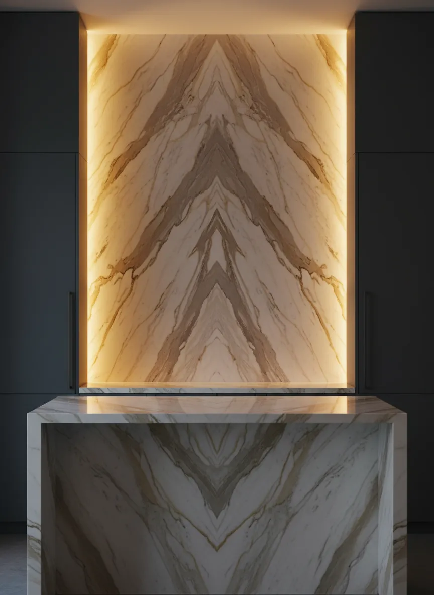 Luxurious marble backslash and island demonstrating bookmatched vein alignment