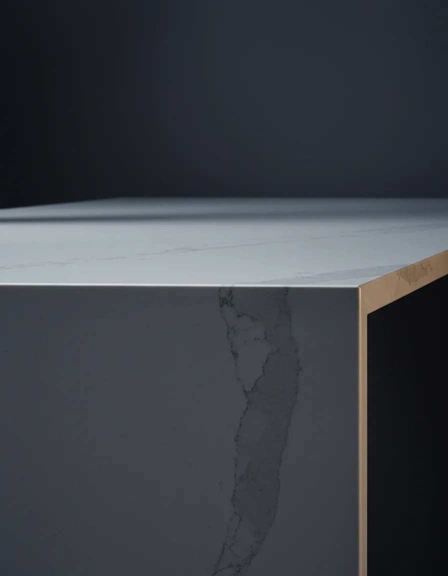 Close up view of engineered quartz countertops showcasing brilliant non-porous finish