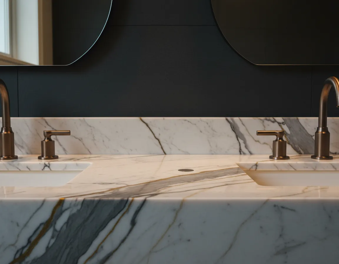 Timeless Authentic Marble Countertops Reflecting Luminous Light in Custom Bathroom