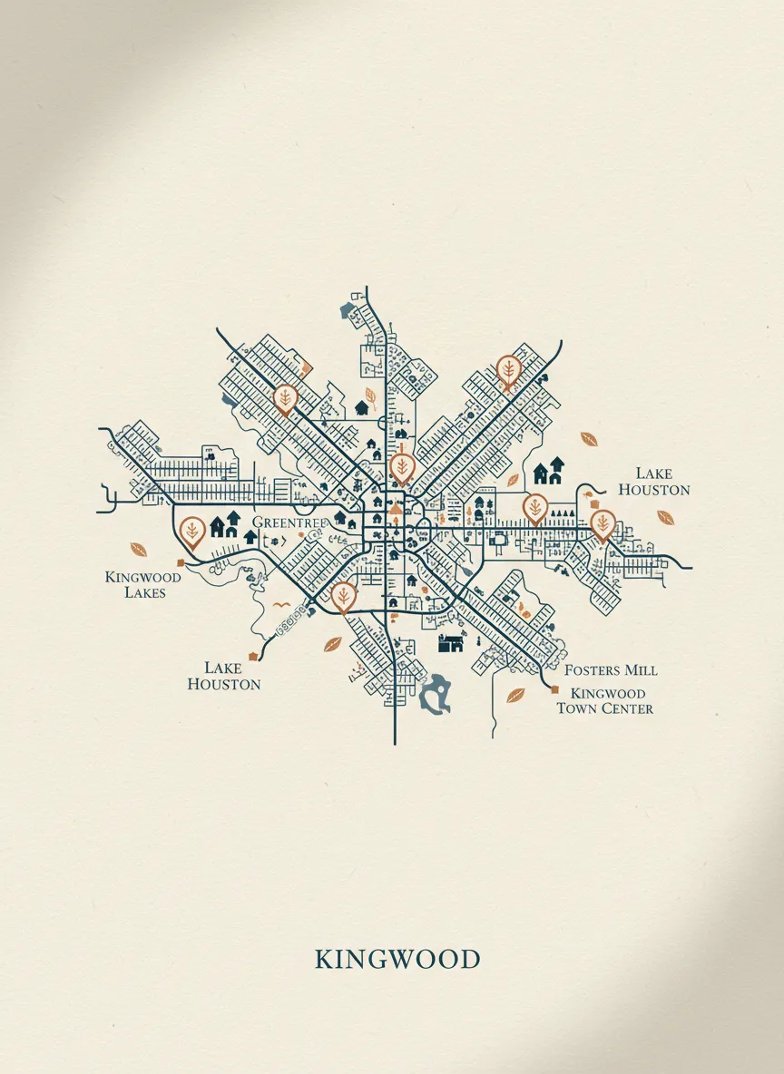 Stylized map and residential features of Kingwood Texas neighborhoods