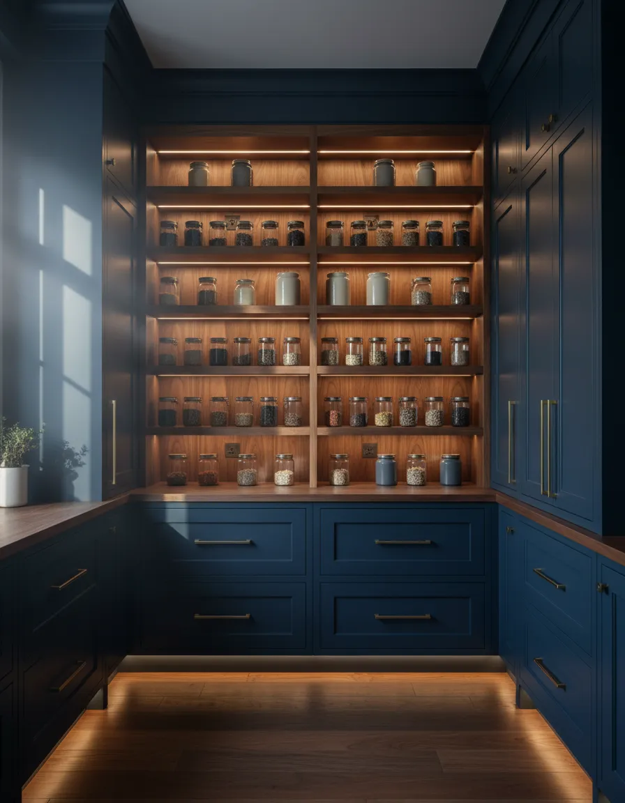 Hidden pantry design integrated into luxury Kingwood kitchen cabinetry