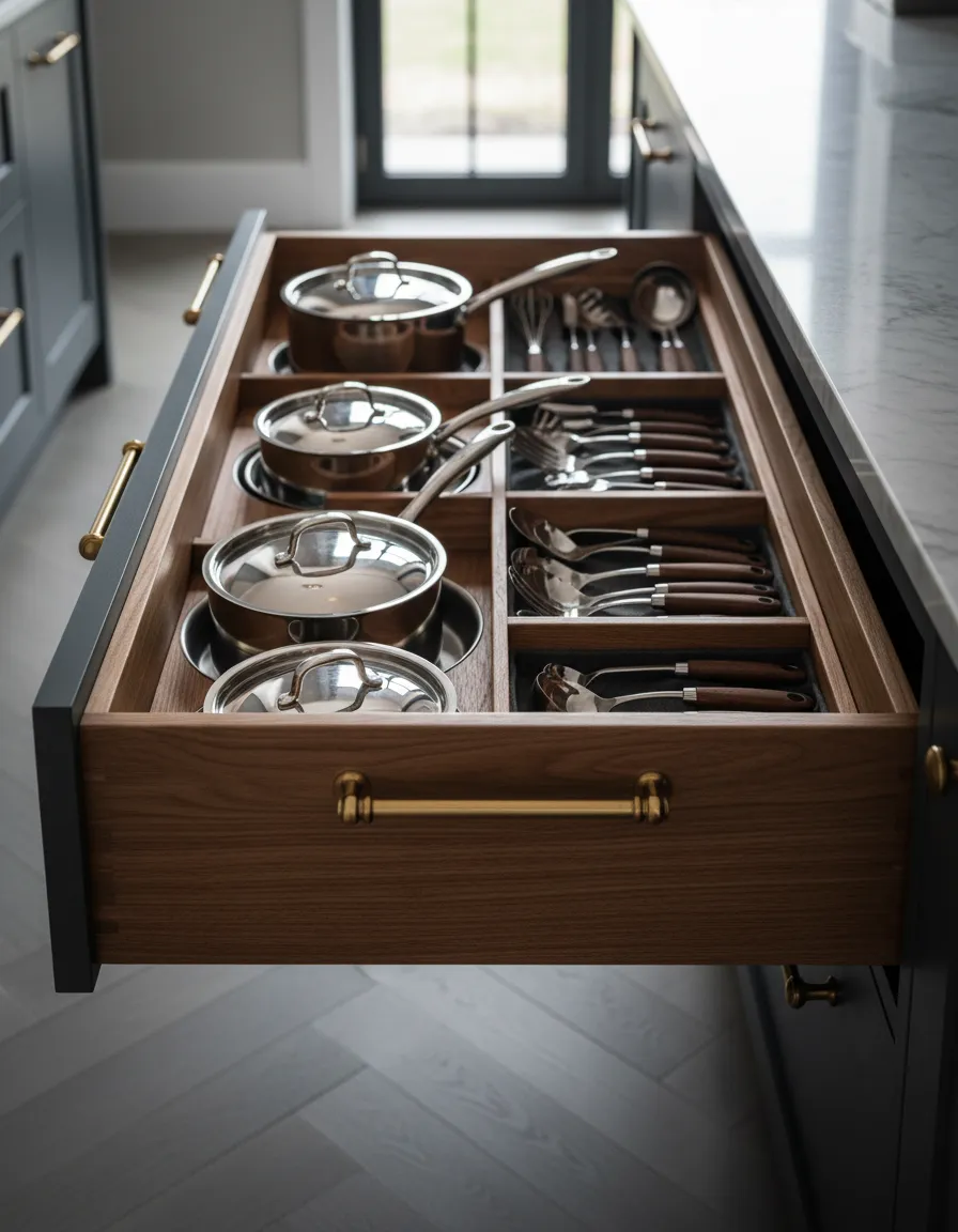 Ergonomic pull-out organizer revealing custom storage solutions