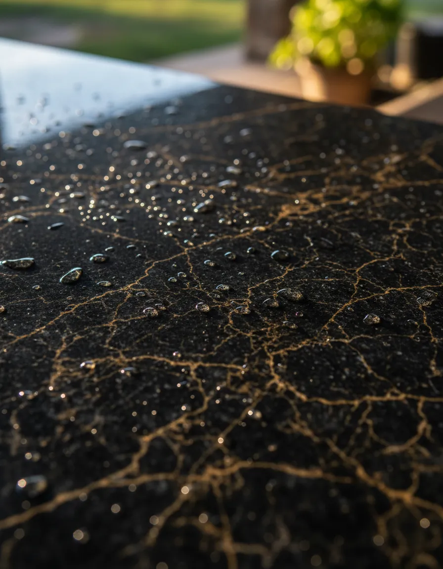 Highly detailed macro shot of granite surface installed in a premium outdoor kitchen, demonstrating heat and humidity resistance in Spring, Texas.