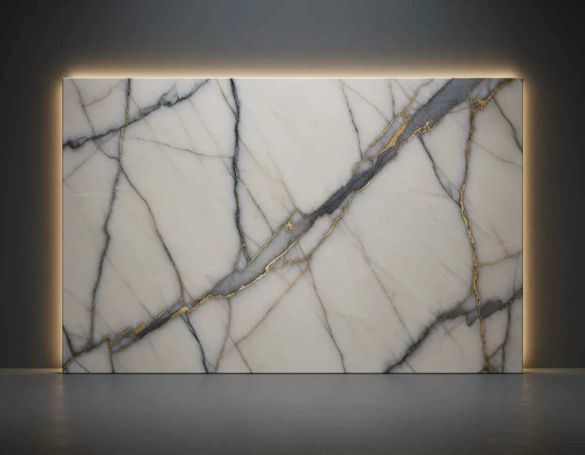 Calacatta marble slab sample with bold gold and gray veining