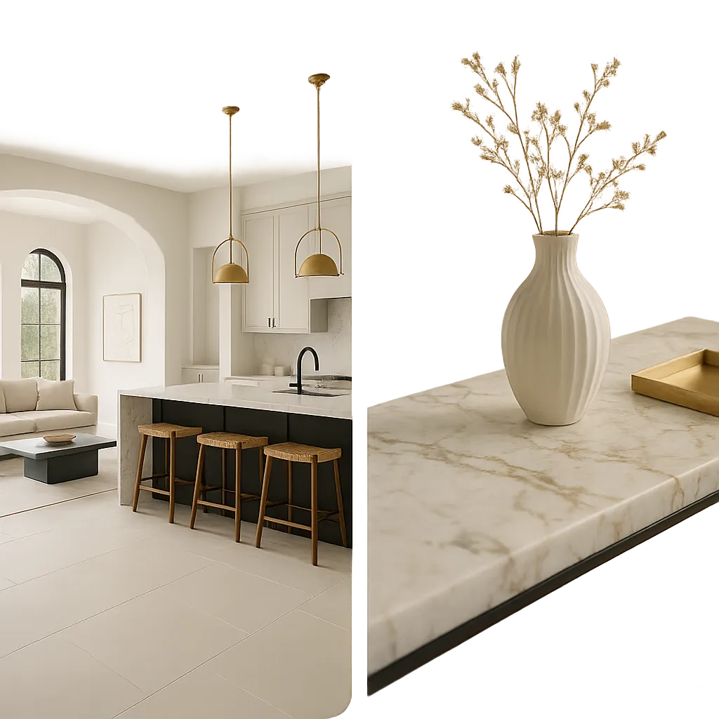 Composite architectural view of a luxury Modern Mediterranean kitchen featuring custom marble countertops in Sugar Land.
