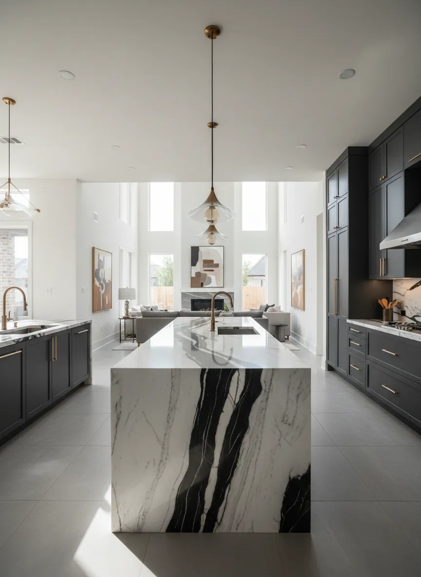 Editorial photograph of a high-end interior in Sugar Land featuring expansive stone countertops and light-filled culinary spaces