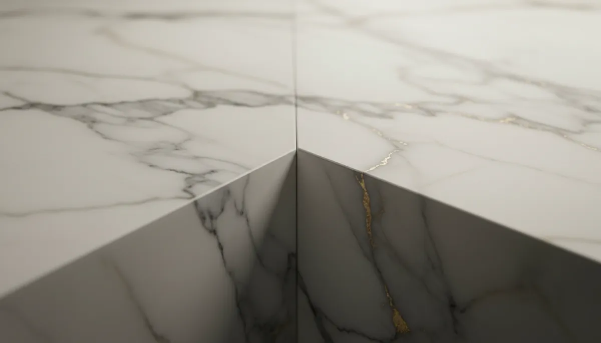 Detailed macro photography highlighting natural marble veining and precision edge fabrication.