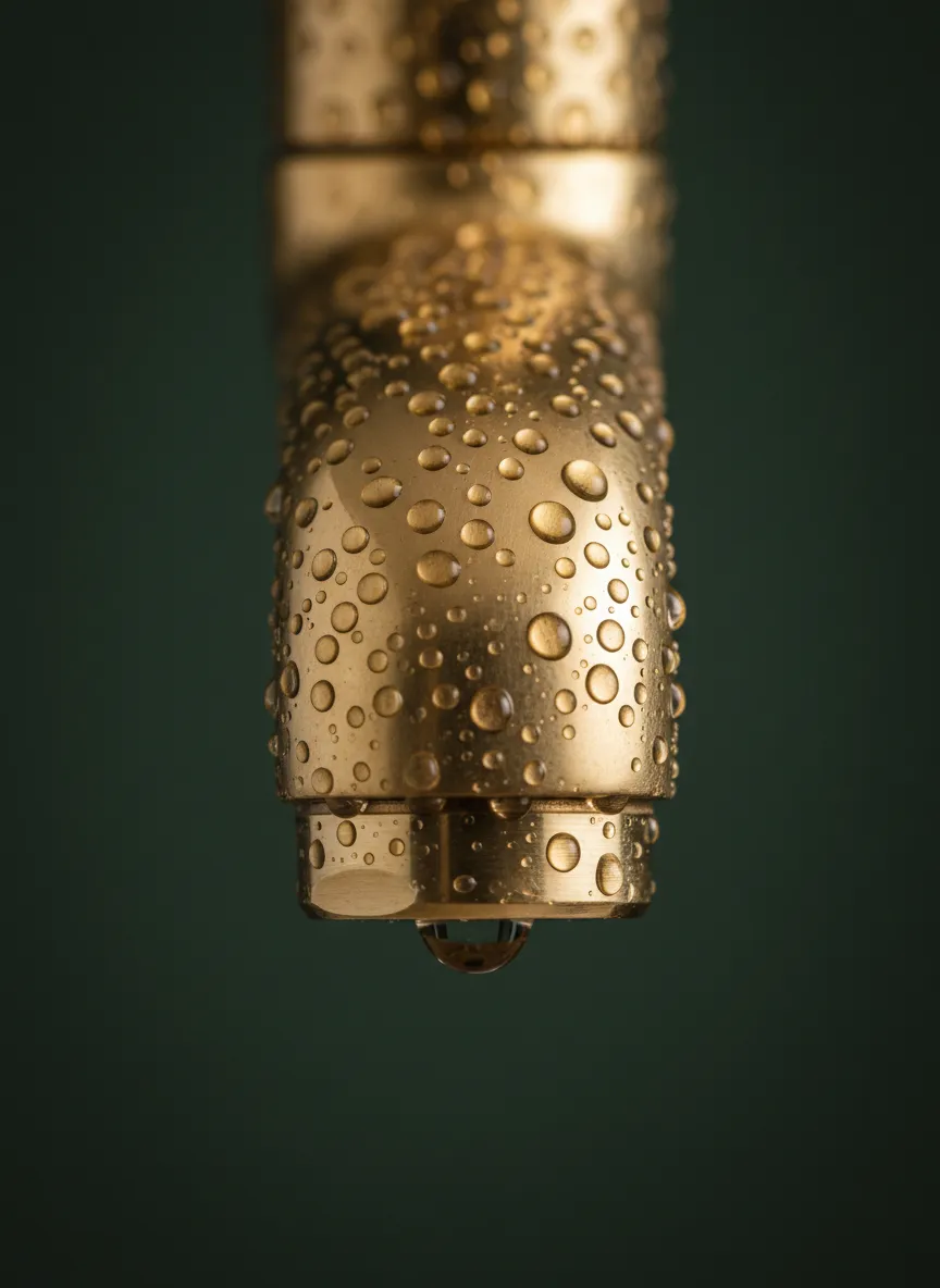 Water droplets on polished brass fixture
