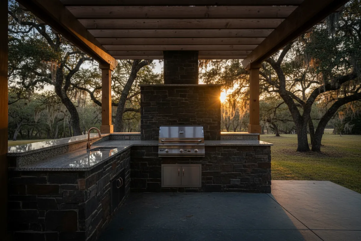 Custom outdoor kitchen installation in Texas with natural stone