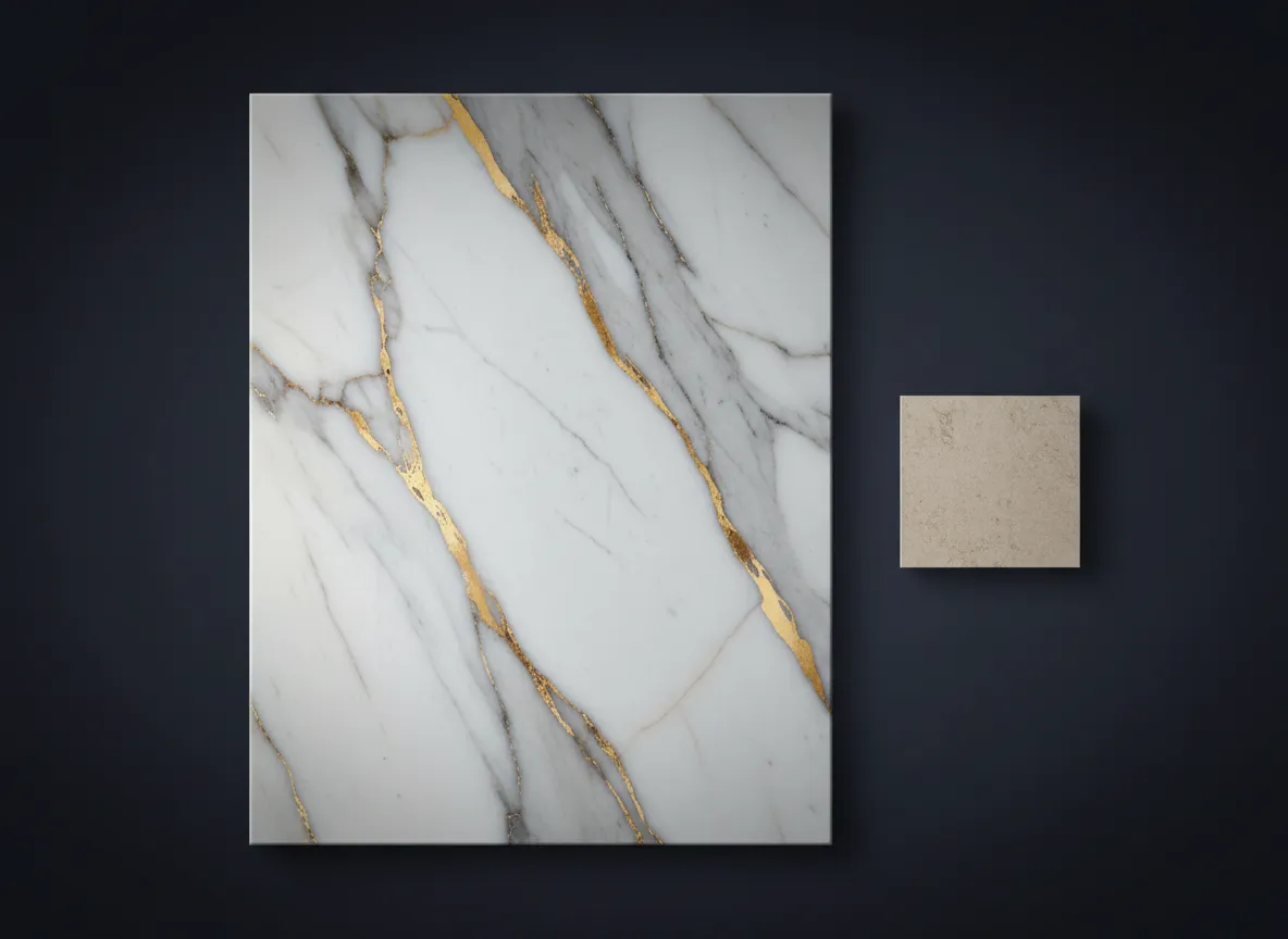 Close up comparison of premium marble veining vs standard builder-grade bathroom tile
