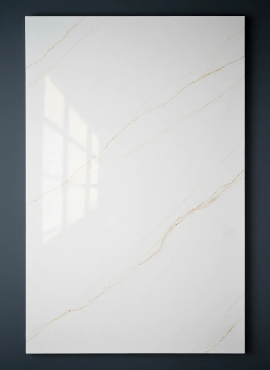 A pristine engineered quartz slab showcasing its smooth, non-porous surface and detailed pattern