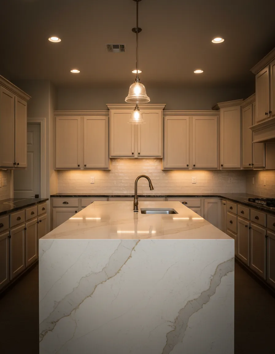 Signature custom kitchen remodel completed by All World Stone & Design in Porter TX