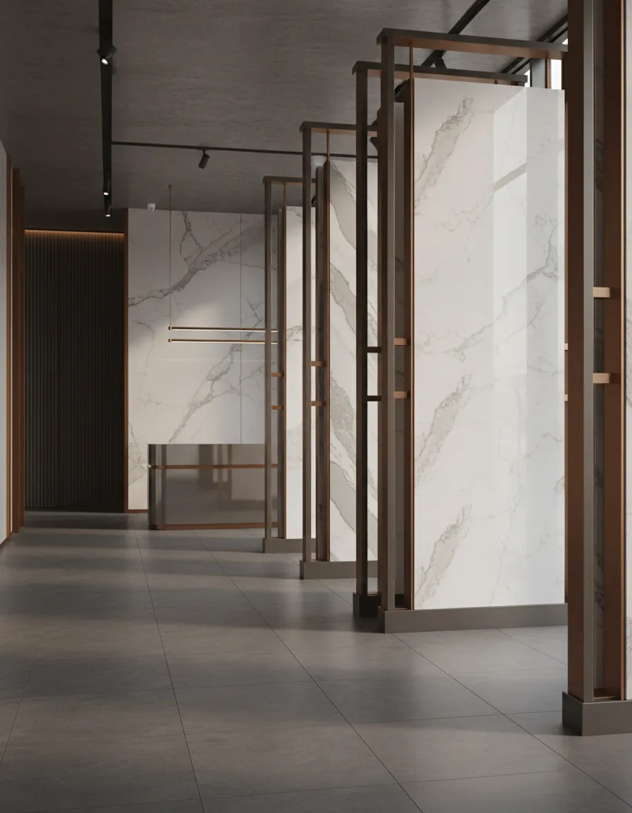 Master craftsmen at All World Stone & Design inspecting a quartz slab in the New Caney showroom