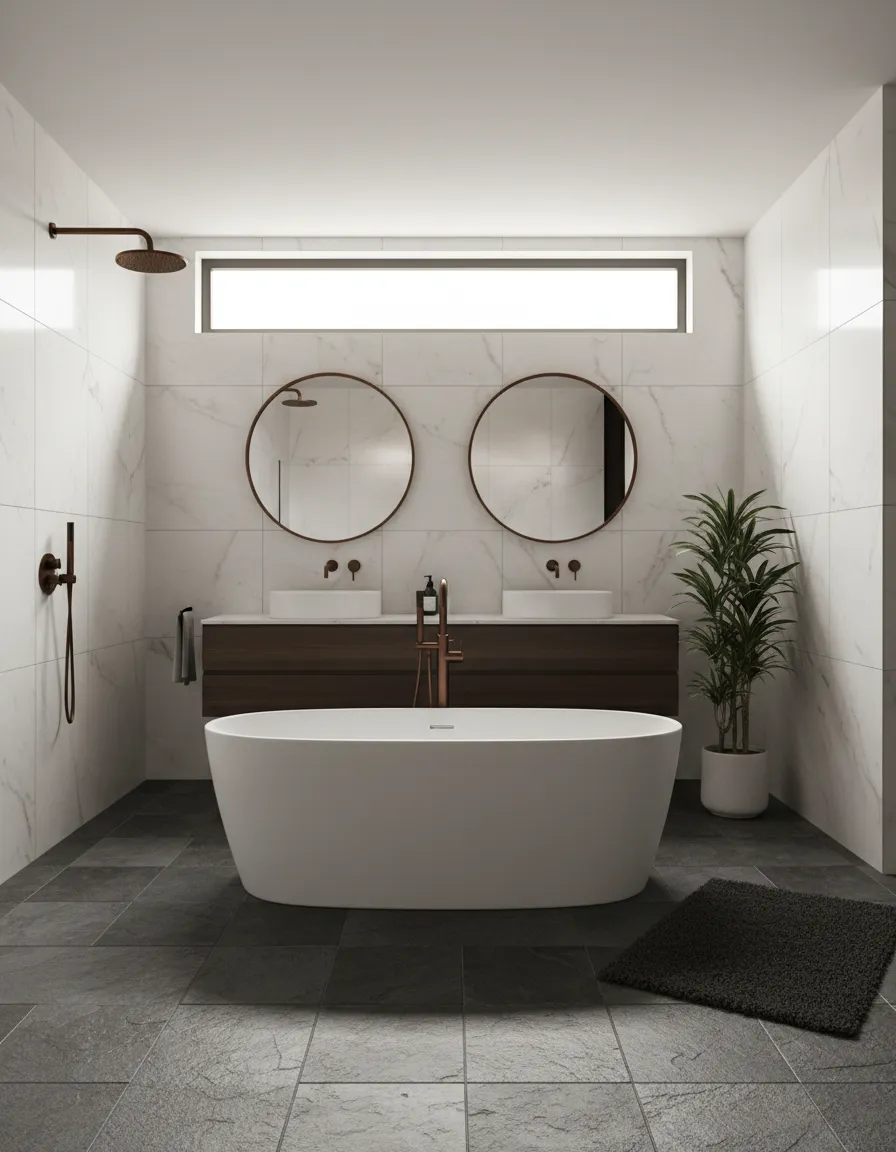 Spacious primary bathroom remodeling in Porter featuring a freestanding tub and natural stone walls