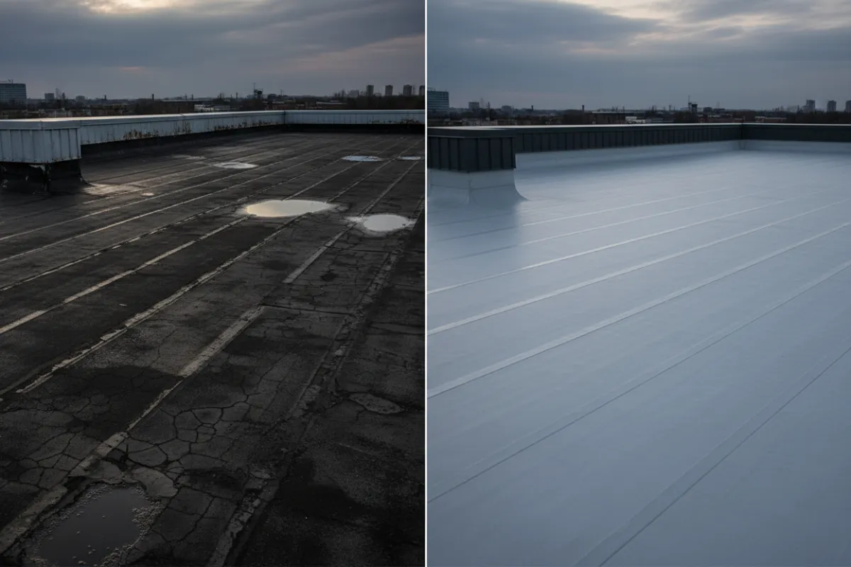 Before and after composition of a commercial flat roof replaced with new membrane and parapet caps.