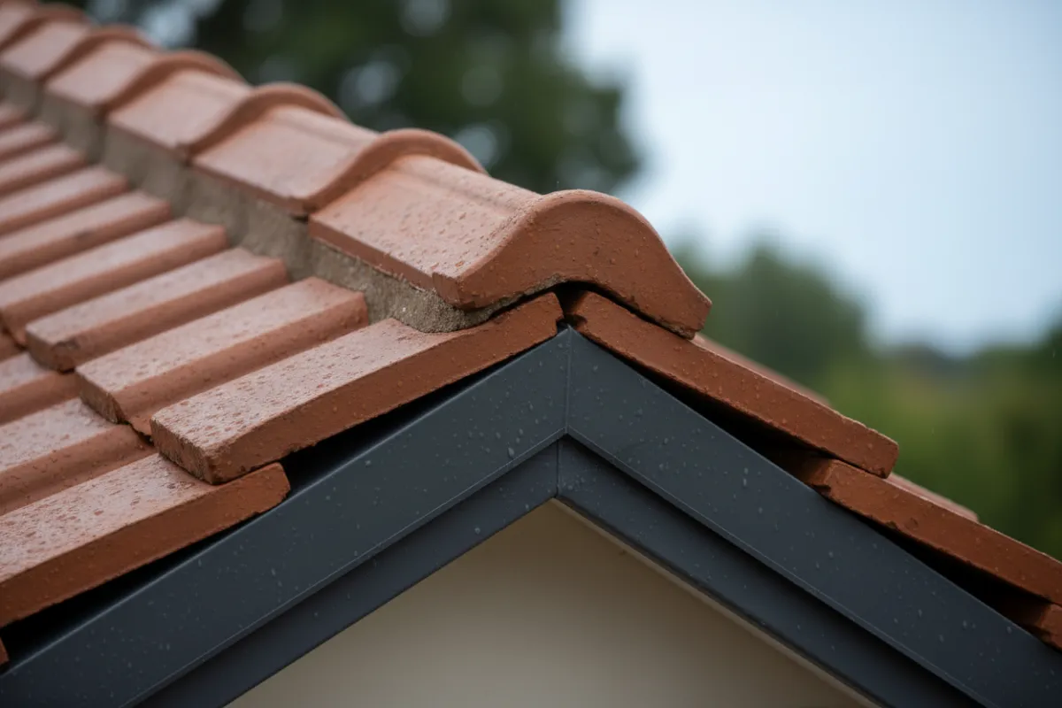 Close composition of high-quality shingles and flashing detail in daylight.
