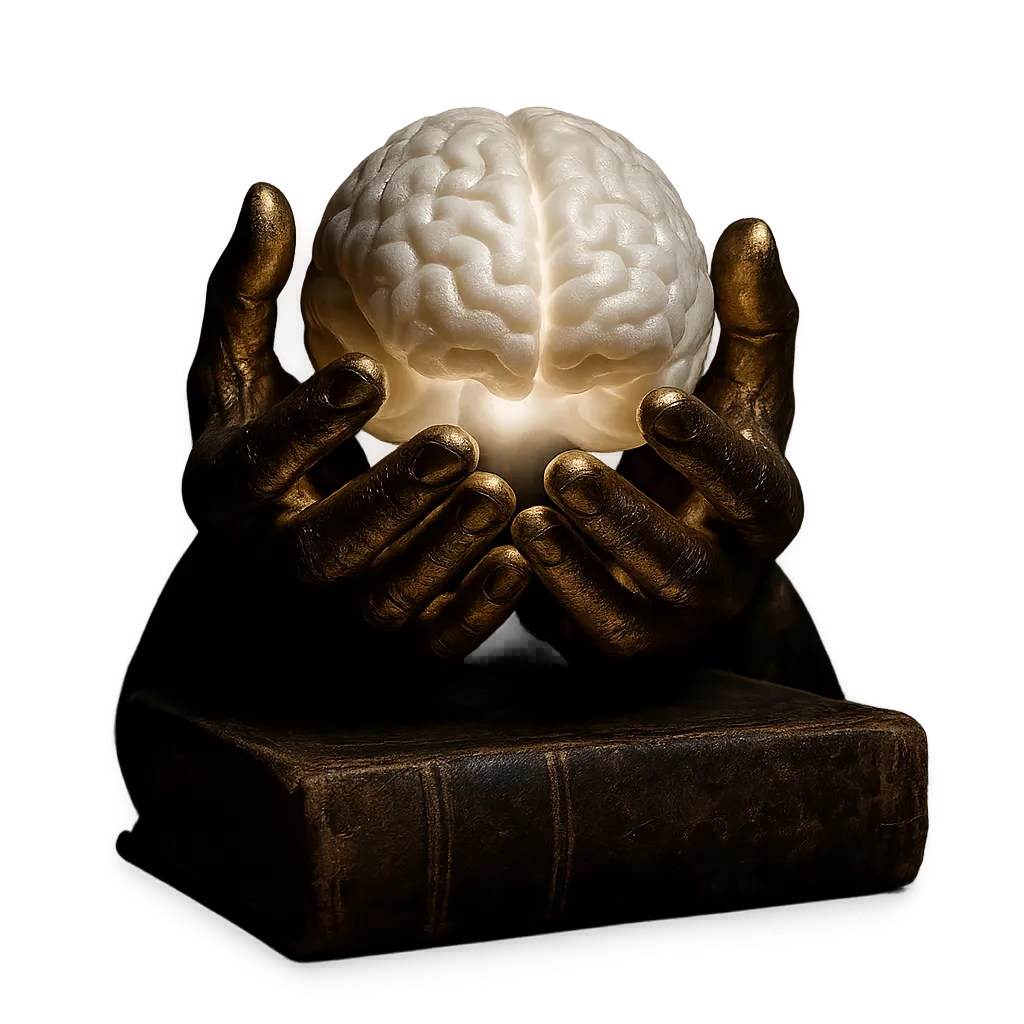 Manos doradas sosteniendo cerebro luminoso sobre libro antiguo