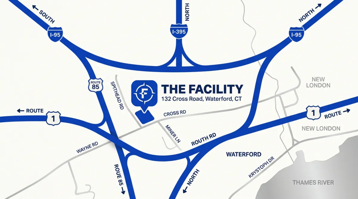 Stylized regional satellite and transit road map showing The Facility location at 132 Cross Road Waterford CT