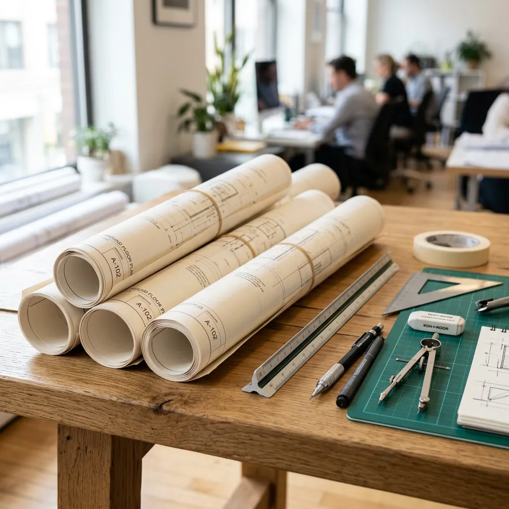 Rolled blueprints and drafting tools on a desk.