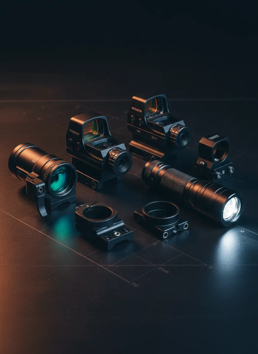 Professional tactical optics and accessories layout