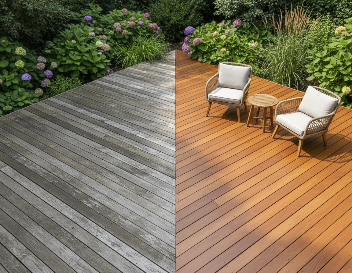 Before and after deck staining and sealing
