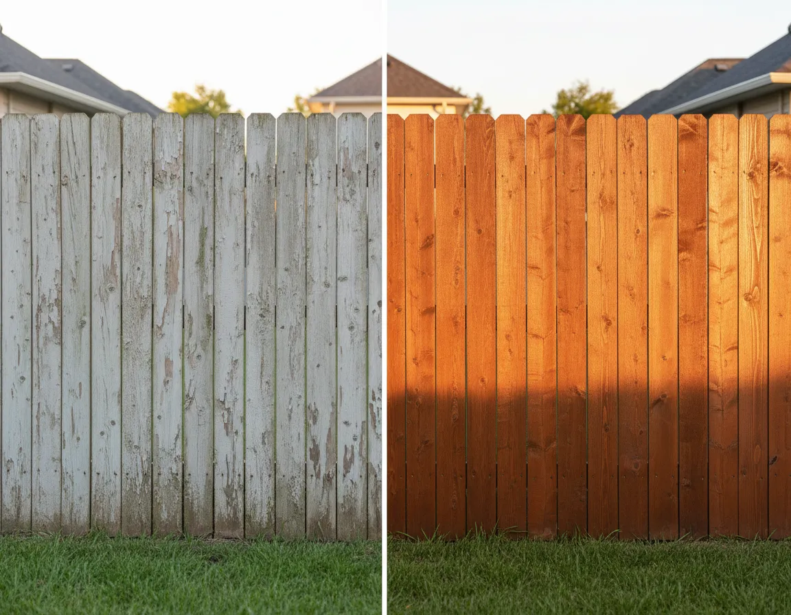Before and after fence staining example