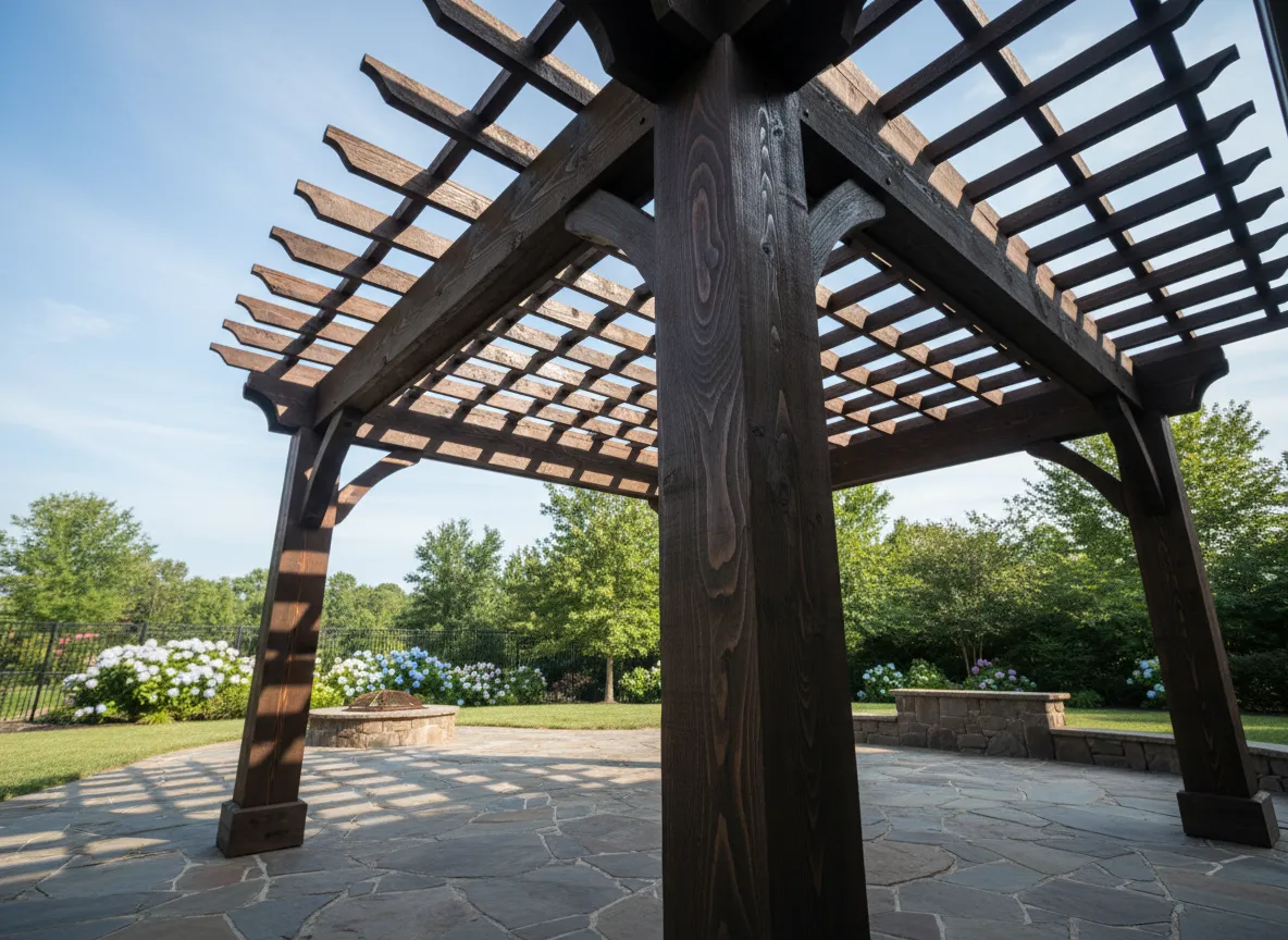 Wood pergola with fresh stain and sealer