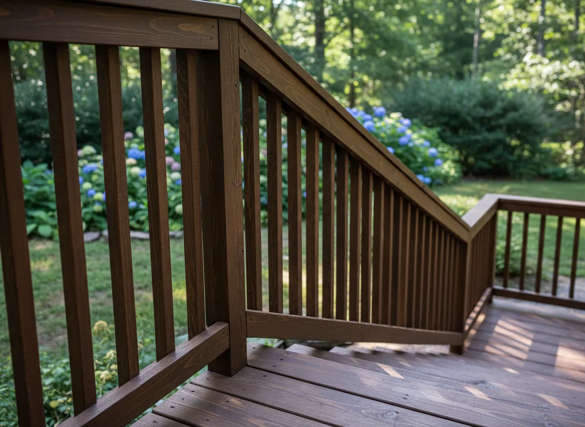 Wood railing and stairs with stain and sealer