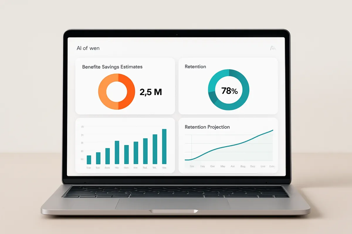 Modern dashboard mockup on a laptop showing AI-driven benefits savings estimates and retention projections, bright interface on a neutral desk, photorealistic and focused on data clarity.